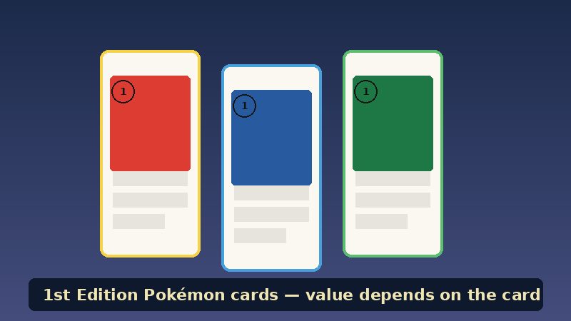 Stylized illustration of three vintage Pokémon-style trading cards with 1st Edition stamps