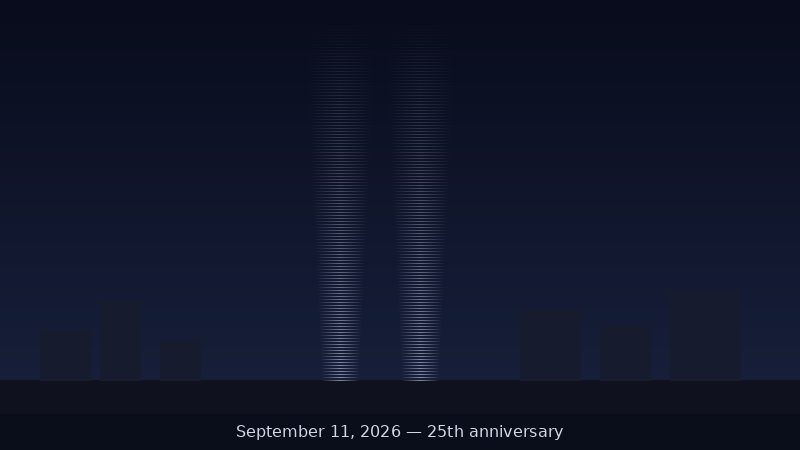 Abstract night skyline with two vertical memorial light beams marking the 25th anniversary of September 11