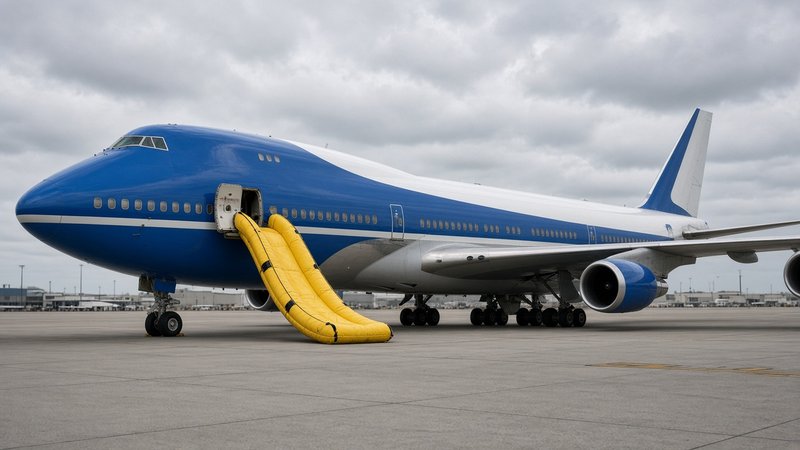 Illustration of a blue-and-white presidential jumbo jet on a tarmac with a yellow emergency slide deployed