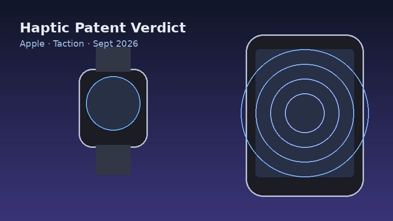 Illustration of a smartphone and smartwatch with haptic vibration ripples for Apple Taction patent verdict