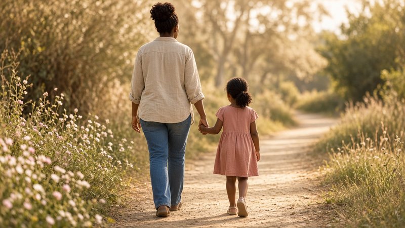 Adult and child walking hand in hand on a sunlit outdoor path