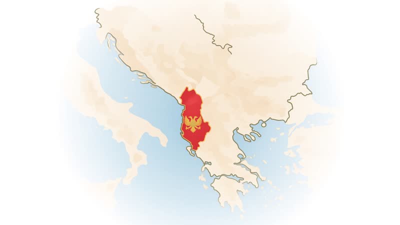 Stylized map highlighting Albania on the Balkan Peninsula with a double-headed eagle emblem