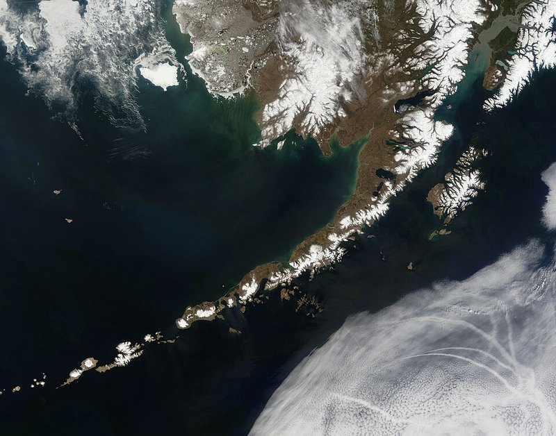 Satellite view of islands and seas in the Alaska–Aleutian region