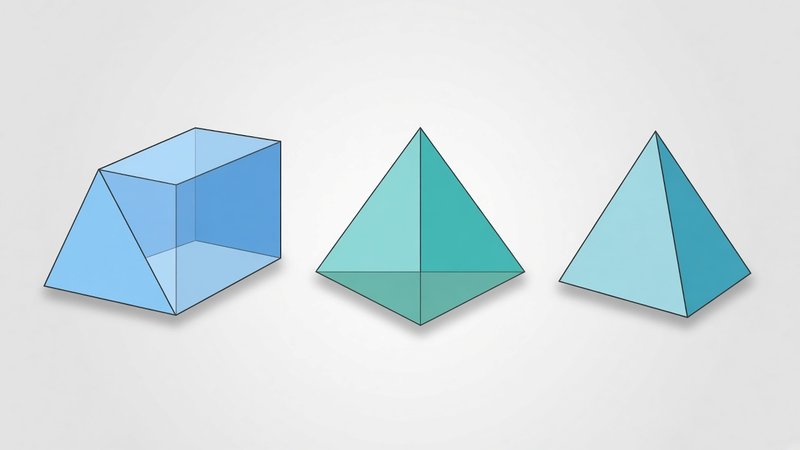 Illustration of a triangular prism beside a square pyramid and a tetrahedron