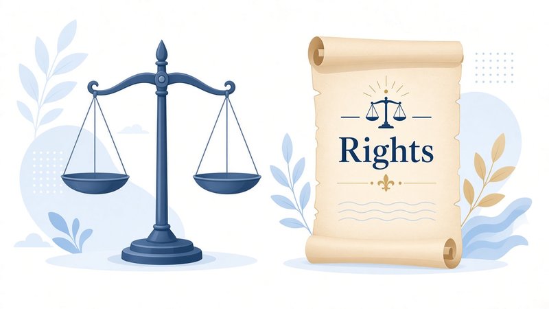 Illustration of justice scales beside a scroll labeled Rights
