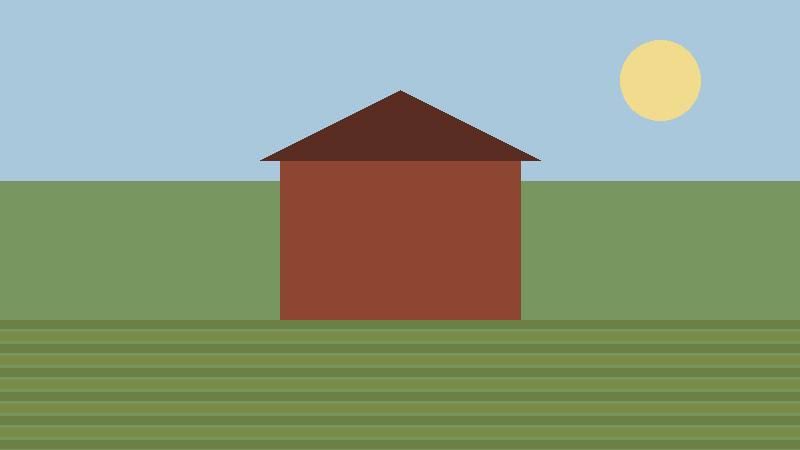Simple illustration of a rural barn and fields