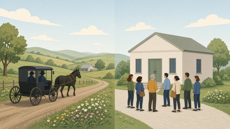 Split illustration contrasting a horse-drawn buggy farm scene with people approaching a simple modern meeting house