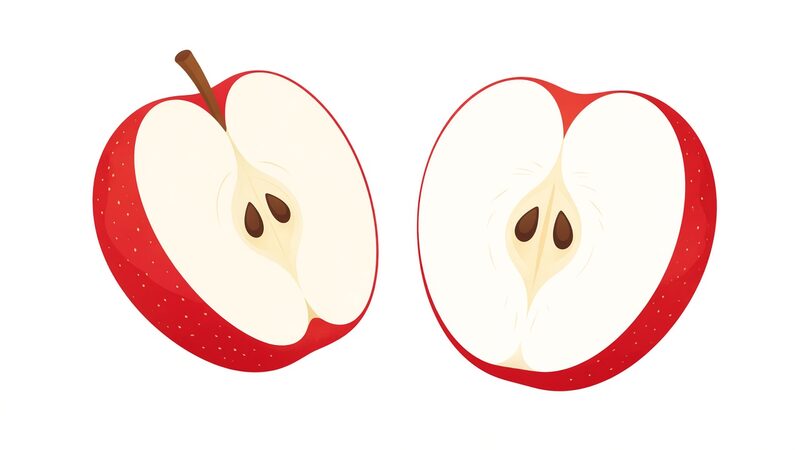 Illustration of a red apple cut in half showing white flesh and seeds