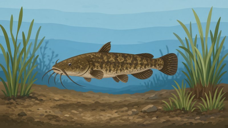 Illustration of a brown bullhead catfish swimming near a muddy river bottom