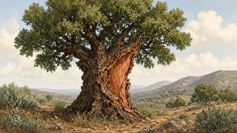 Illustration of a cork oak tree with thick bark partially harvested