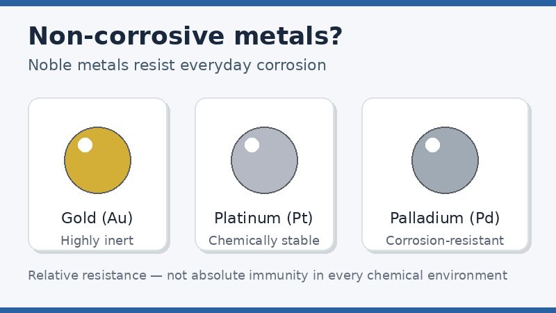 Illustration of gold, platinum, and palladium as corrosion-resistant noble metals