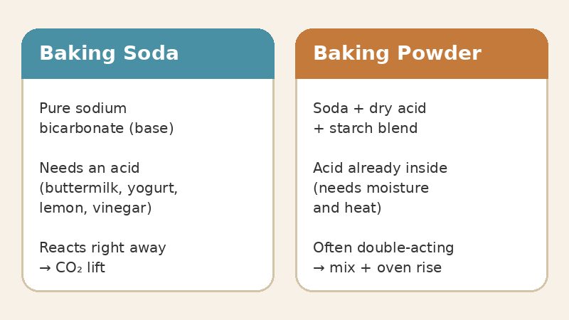 Side-by-side comparison of baking soda and baking powder