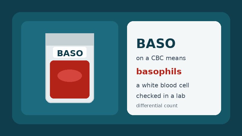 Illustration of a lab blood vial labeled BASO beside text explaining basophils
