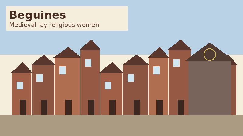 Stylized illustration of a medieval beguinage courtyard with row houses