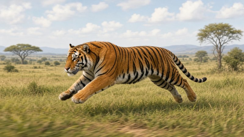 Illustration of a Bengal tiger sprinting across open grassland