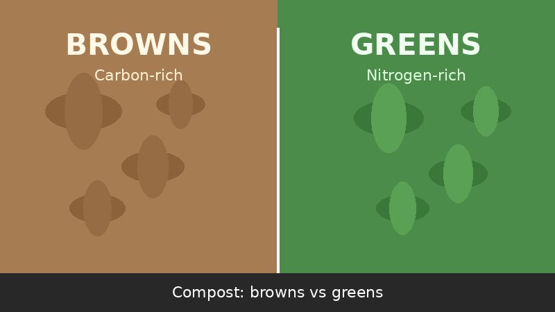 Split illustration comparing carbon-rich browns and nitrogen-rich greens used in composting