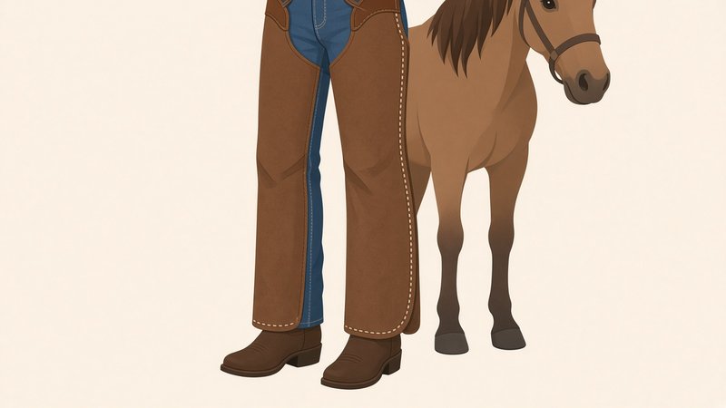 Brown leather cowboy chaps worn over jeans beside a horse
