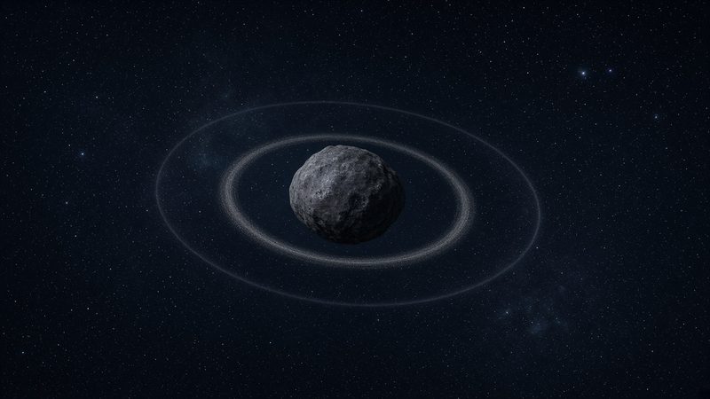 Illustration of a small dark ringed body like Chariklo with a denser inner ring and a faint outer ring
