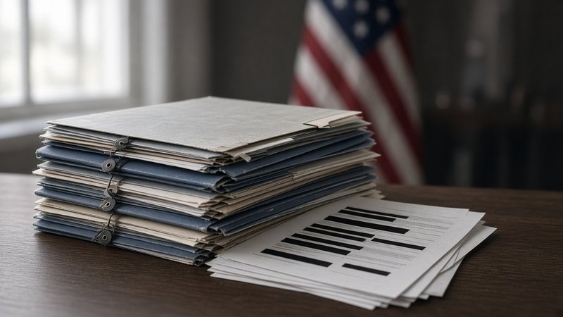 Stack of briefing folders and redacted documents on a desk