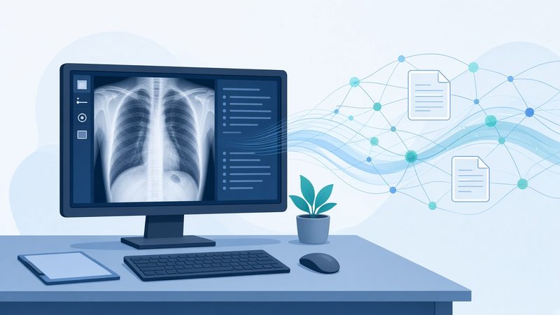 Illustration of a radiology workstation with a chest X-ray and AI network review lines