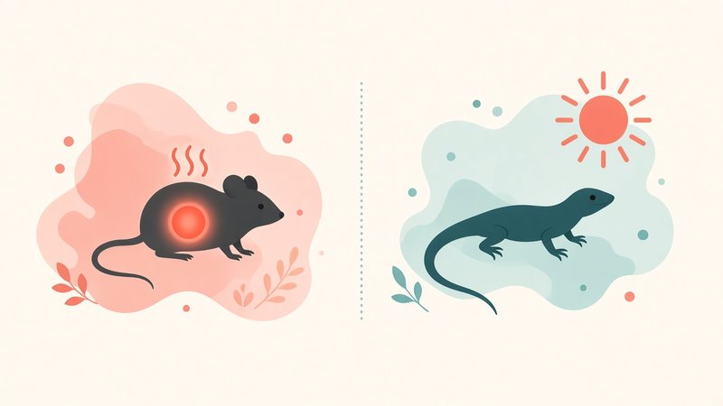 Diagram comparing a warm-blooded mouse with internal heat and a cold-blooded lizard warming in the sun