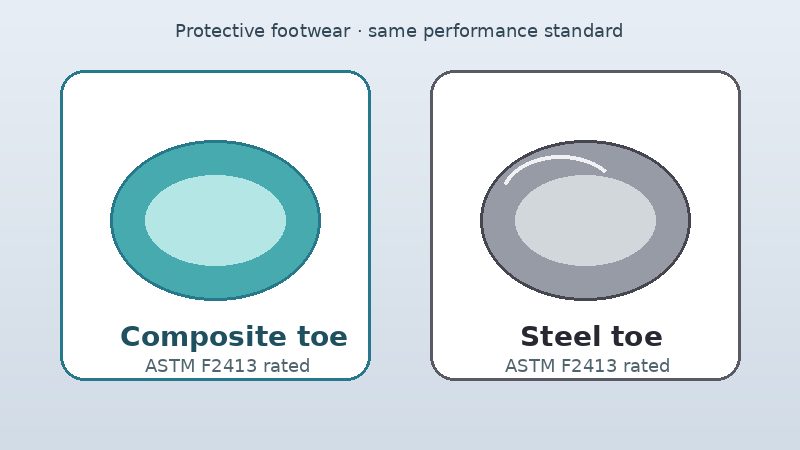 Side-by-side illustration of composite and steel protective toe caps both marked ASTM F2413