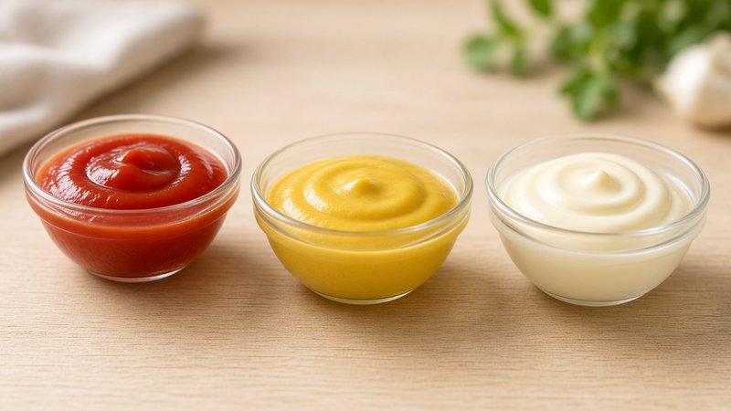 Small bowls of ketchup, mustard, and mayonnaise on a wooden table