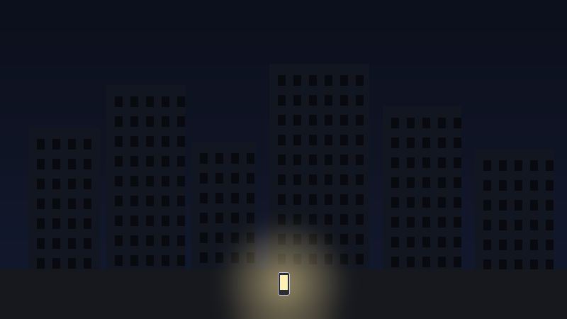 Illustration of a darkened city street during a power outage, lit only by a phone flashlight