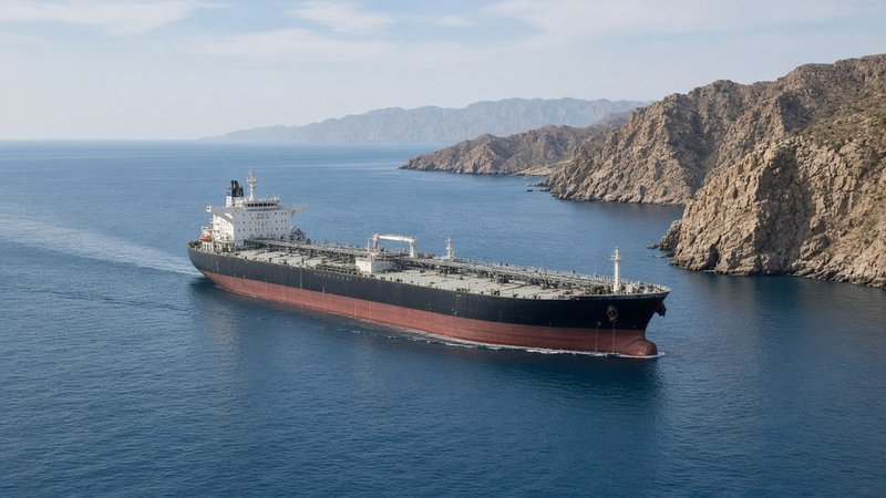Oil tanker passing through a narrow coastal strait