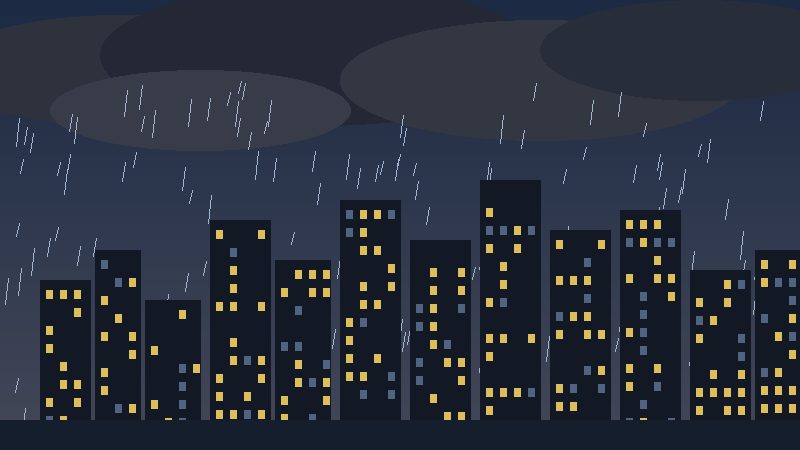 Illustration of heavy rain and storm clouds over a city skyline during a typhoon