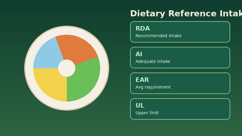 Illustration of a balanced plate beside Dietary Reference Intake cards labeled RDA, AI, EAR, and UL