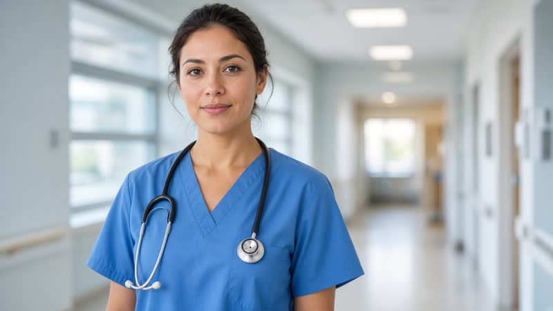 Registered nurse in blue scrubs with a stethoscope in a hospital hallway