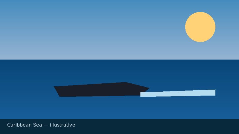 Illustrative Caribbean sea scene with abstract vessel silhouette