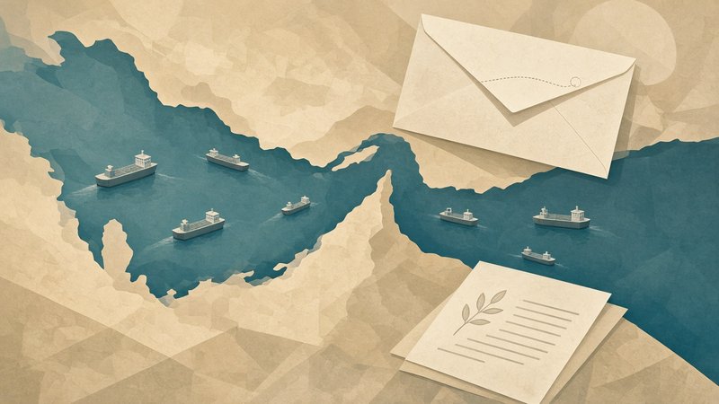 Stylized map of the Persian Gulf and Strait of Hormuz with ships and diplomatic correspondence motifs