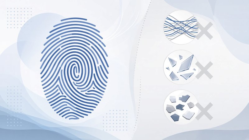 Illustration of a fingerprint pattern beside icons for fibers, glass, and debris