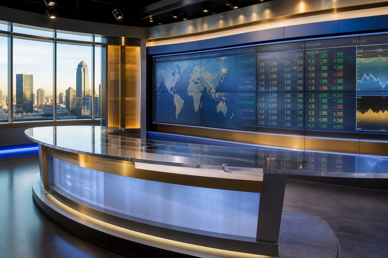 Empty cable-news studio with a glass desk and financial ticker screens