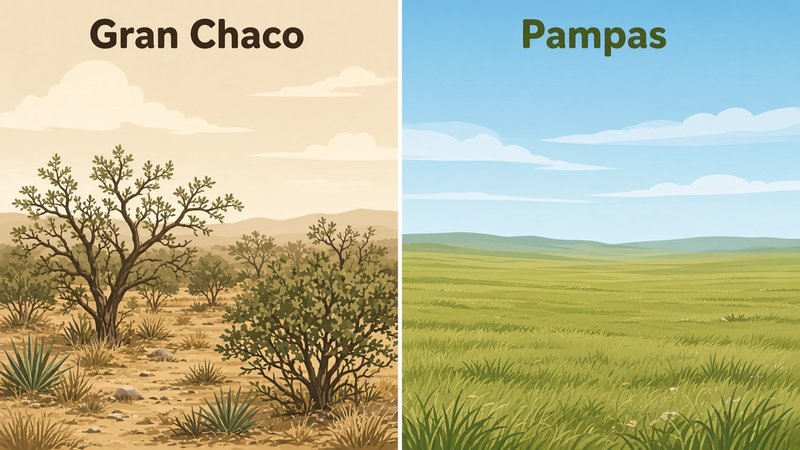 Side-by-side illustration comparing Gran Chaco dry scrub woodland with open green Pampas grassland