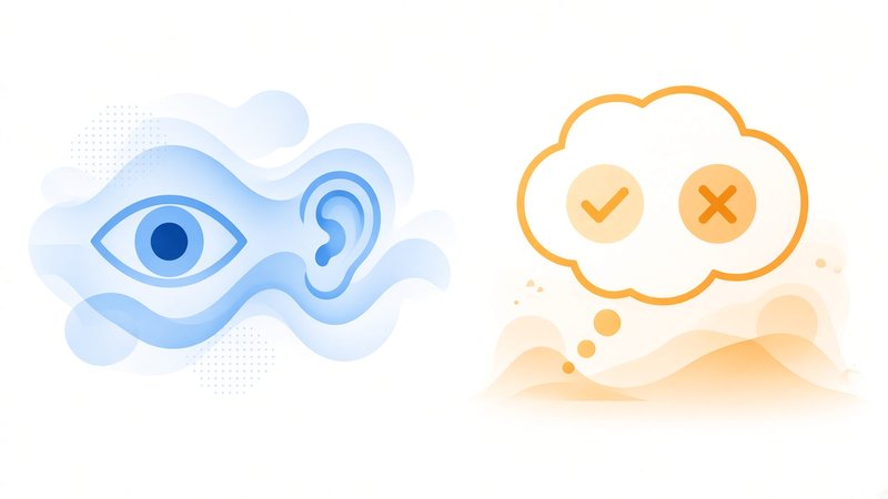 Illustration contrasting sensory perception symbols with a thought bubble representing belief judgment