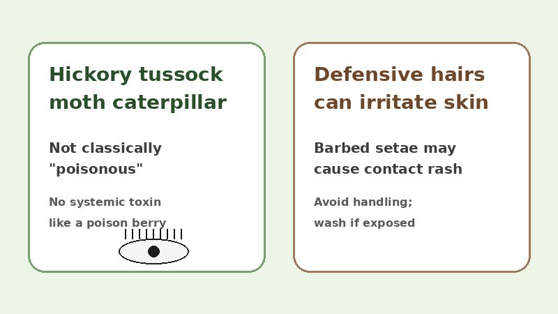 Graphic comparing irritation from hickory tussock moth caterpillar hairs with classic poisoning