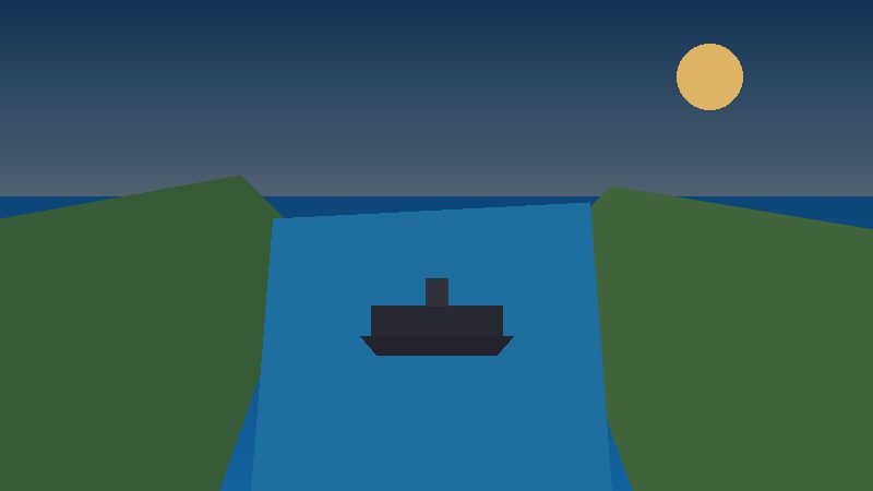 Illustrative view of a narrow sea strait with a cargo ship