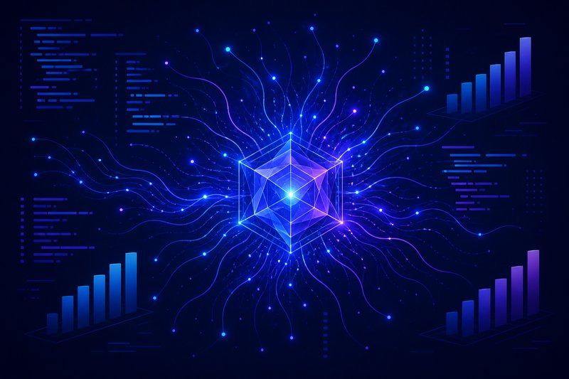 Abstract illustration of a glowing AI model core with rising benchmark bars