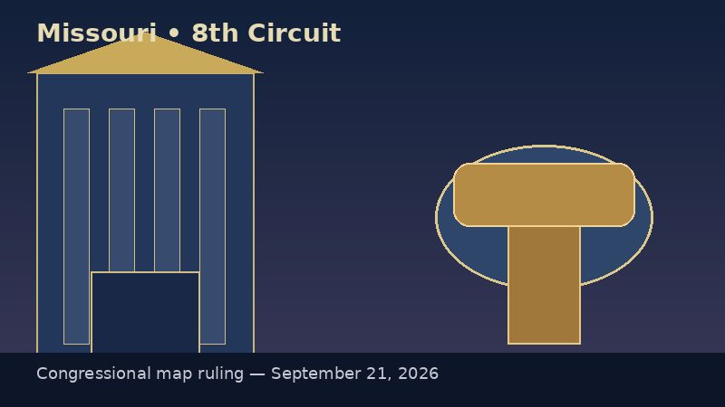 Illustration of a courthouse and gavel representing a U.S. appeals court ruling on Missouri congressional districts
