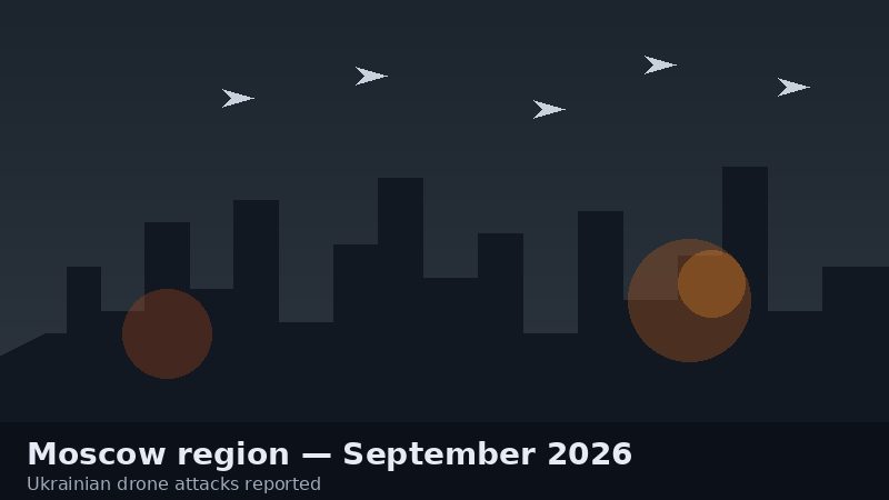 Stylized night city skyline with amber glow and drone silhouettes, Moscow region September 2026