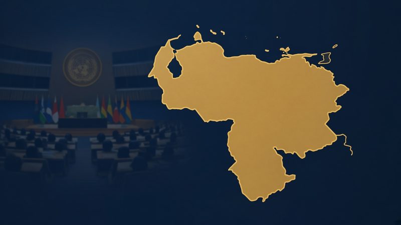 Illustration of Venezuela over a United Nations General Assembly backdrop