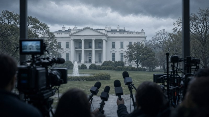 White House exterior with press cameras and microphones in the foreground