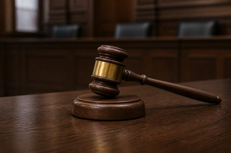 Wooden judge gavel on a courtroom desk