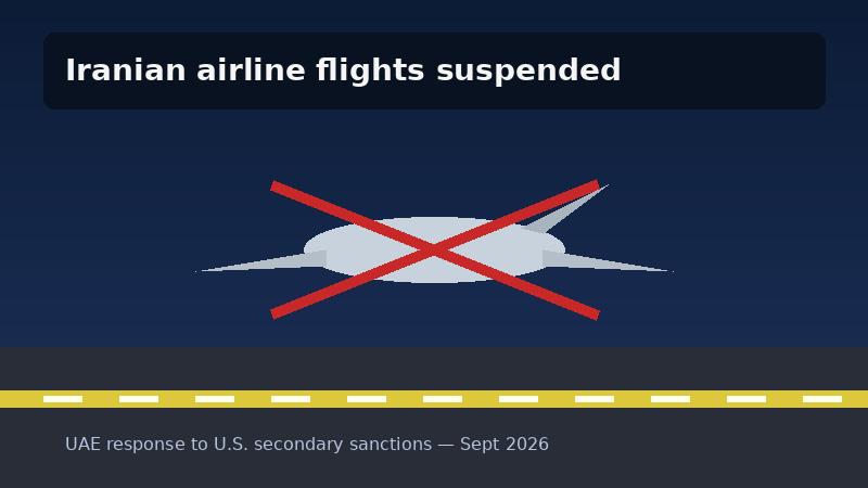 Illustration of a grounded airliner with a red X, representing suspended Iranian airline flights