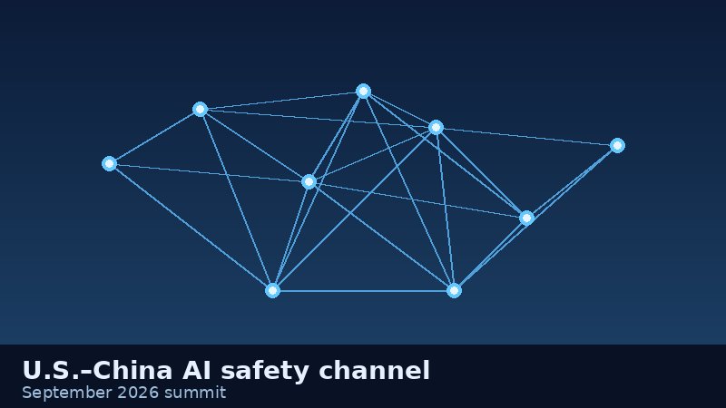 Abstract illustration of a U.S.–China AI safety communication channel, September 2026