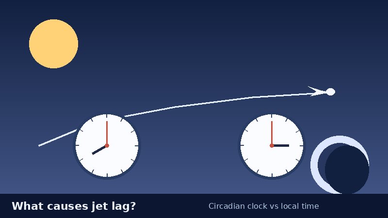 Illustration of mismatched clocks and an airplane path representing jet lag across time zones