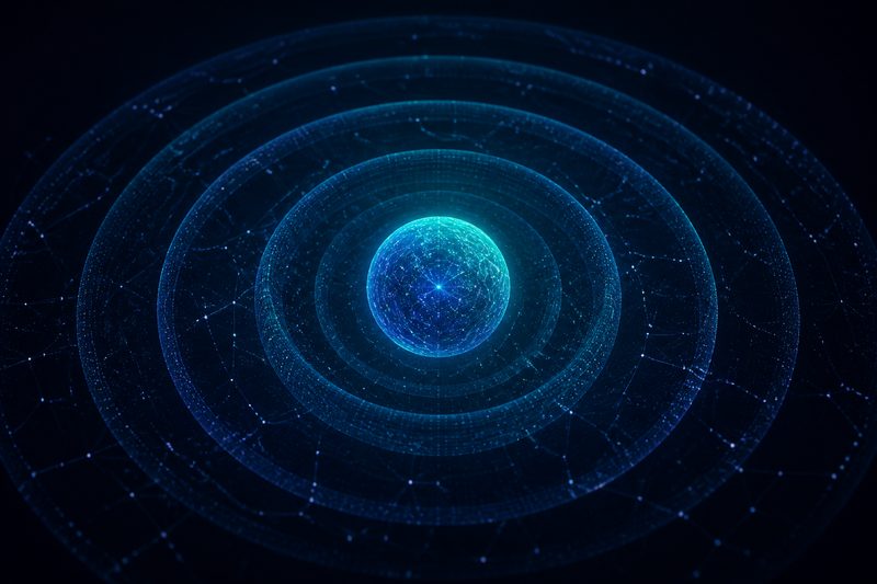 Abstract illustration of a glowing teal AI core with concentric data rings
